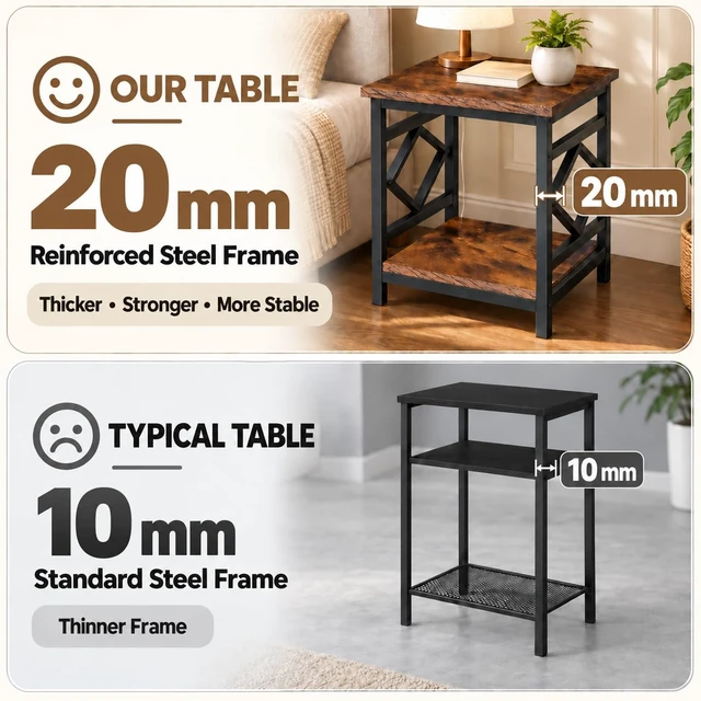 Alt view image 4 of 6 - Mini Fridge Stand Table with Large Capacity Storage, 18 Rustic Industrial End Table Side Table with 2-Tier for Beverage, Refrigerator, Dorm, Apartment,Office, Bedroom Corner