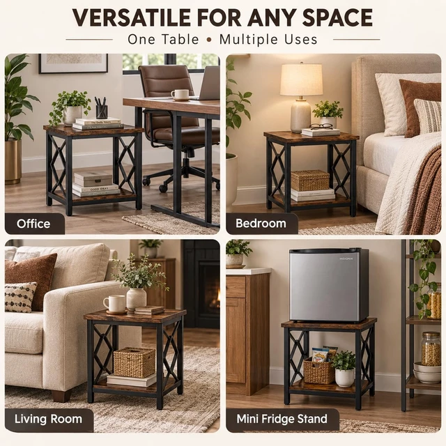 Alt view image 5 of 6 - Mini Fridge Stand Table with Large Capacity Storage, 18 Rustic Industrial End Table Side Table with 2-Tier for Beverage, Refrigerator, Dorm, Apartment,Office, Bedroom Corner