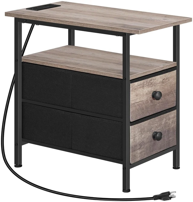 Main image of End Table with Charging Station, Narrow Side Table, Nightstand with 2 Non-Woven Drawers, Slim Sofa Side Table, for Small Spaces, Living Room, Bedroom, Greige and Black BG486UBZ01