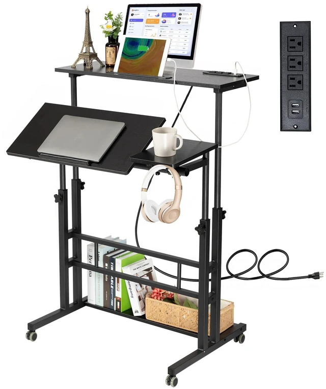 Main image of Stand Up Desk, Rolling Desk Adjustable Height, Mobile Standing Desk with Wheels & Charging Station, Portable Stand for Laptop, Rolling Computer Cart TV Tray, Small Standing Desk Drawing Table