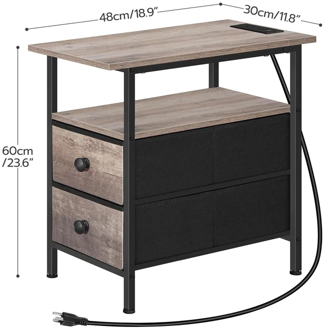 Alt view image 3 of 7 - End Table with Charging Station, Narrow Side Table, Nightstand with 2 Non-Woven Drawers, Slim Sofa Side Table, for Small Spaces, Living Room, Bedroom, Greige and Black BG486UBZ01