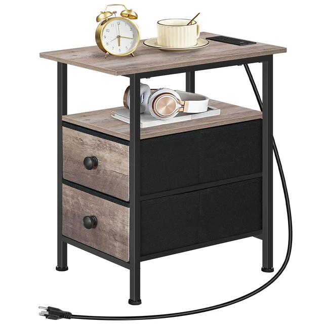 Alt view image 4 of 7 - End Table with Charging Station, Narrow Side Table, Nightstand with 2 Non-Woven Drawers, Slim Sofa Side Table, for Small Spaces, Living Room, Bedroom, Greige and Black BG486UBZ01