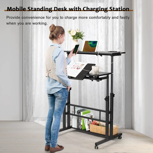 Alt view image 2 of 7 - Stand Up Desk, Rolling Desk Adjustable Height, Mobile Standing Desk with Wheels & Charging Station, Portable Stand for Laptop, Rolling Computer Cart TV Tray, Small Standing Desk Drawing Table