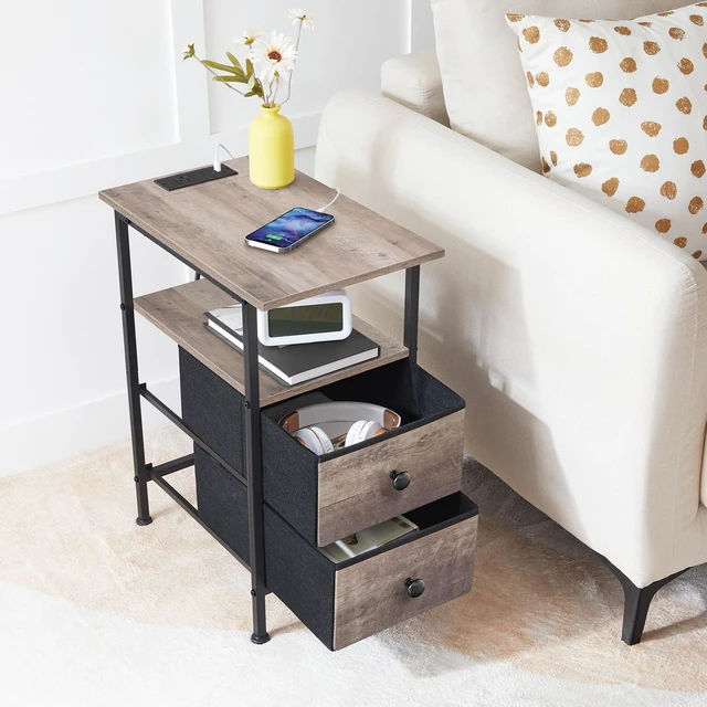 Alt view image 5 of 7 - End Table with Charging Station, Narrow Side Table, Nightstand with 2 Non-Woven Drawers, Slim Sofa Side Table, for Small Spaces, Living Room, Bedroom, Greige and Black BG486UBZ01