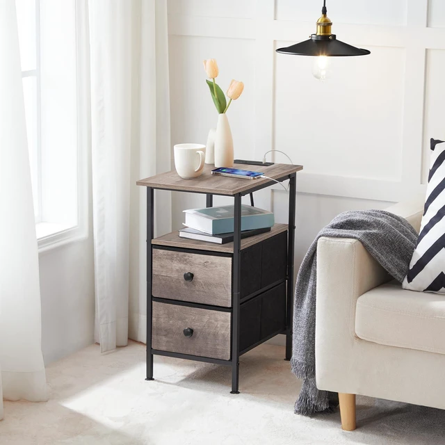 Alt view image 6 of 7 - End Table with Charging Station, Narrow Side Table, Nightstand with 2 Non-Woven Drawers, Slim Sofa Side Table, for Small Spaces, Living Room, Bedroom, Greige and Black BG486UBZ01