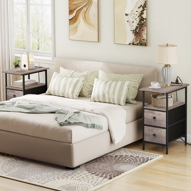 Alt view image 7 of 7 - End Table with Charging Station, Narrow Side Table, Nightstand with 2 Non-Woven Drawers, Slim Sofa Side Table, for Small Spaces, Living Room, Bedroom, Greige and Black BG486UBZ01