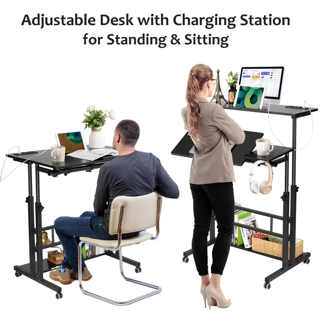 Alt view image 7 of 7 - Stand Up Desk, Rolling Desk Adjustable Height, Mobile Standing Desk with Wheels & Charging Station, Portable Stand for Laptop, Rolling Computer Cart TV Tray, Small Standing Desk Drawing Table