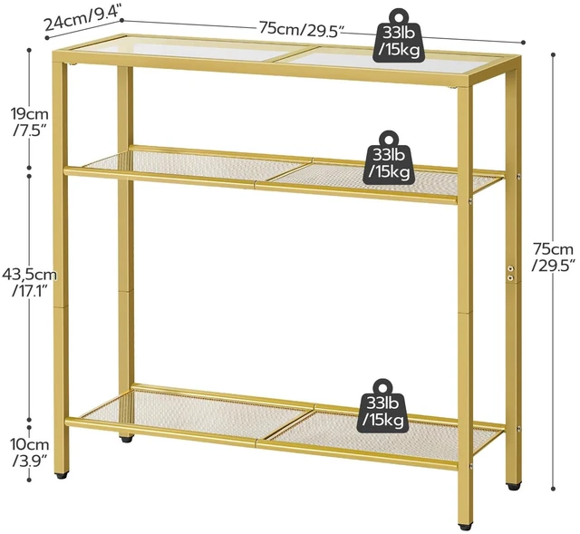 Alt view image 4 of 7 - 29.5" Narrow Console Table, 3-Tier Tempered Glass Sofa Table | Modern Entryway Table, for Entrance, Living Room, Foyer, Hallway Bedroom, Gold GD21XG01G1