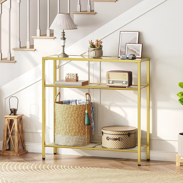Alt view image 2 of 7 - 29.5" Narrow Console Table, 3-Tier Tempered Glass Sofa Table | Modern Entryway Table, for Entrance, Living Room, Foyer, Hallway Bedroom, Gold GD21XG01G1