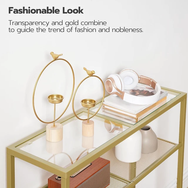 Alt view image 5 of 7 - 29.5" Narrow Console Table, 3-Tier Tempered Glass Sofa Table | Modern Entryway Table, for Entrance, Living Room, Foyer, Hallway Bedroom, Gold GD21XG01G1