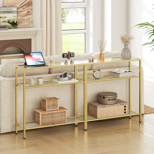 Alt view image 3 of 7 - 29.5" Narrow Console Table, 3-Tier Tempered Glass Sofa Table | Modern Entryway Table, for Entrance, Living Room, Foyer, Hallway Bedroom, Gold GD21XG01G1