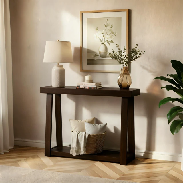 Main image of Classic Console Table, with Shelf, 36 Inch, Walnut | Non-Toxic Finishes, Versatile Design, Built-In Storage, Elegant Details, Easy Assembly, Quick Setup, Solid Wood