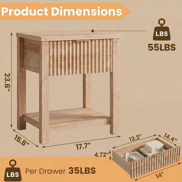 Alt view image 2 of 7 - Fluted Nightstand Set of 2 with Drawer and Open Shelf,Oak | Modern Wood Side End Table with Golden Handle Bedside Table Set of 2 with Storage Large End Tables for Living Room Bedroom