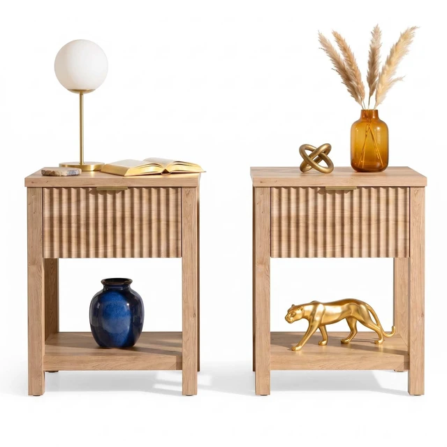 Main image of Fluted Nightstand Set of 2 with Drawer and Open Shelf,Oak | Modern Wood Side End Table with Golden Handle Bedside Table Set of 2 with Storage Large End Tables for Living Room Bedroom