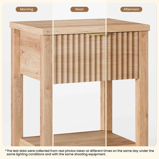 Alt view image 5 of 7 - Fluted Nightstand Set of 2 with Drawer and Open Shelf,Oak | Modern Wood Side End Table with Golden Handle Bedside Table Set of 2 with Storage Large End Tables for Living Room Bedroom