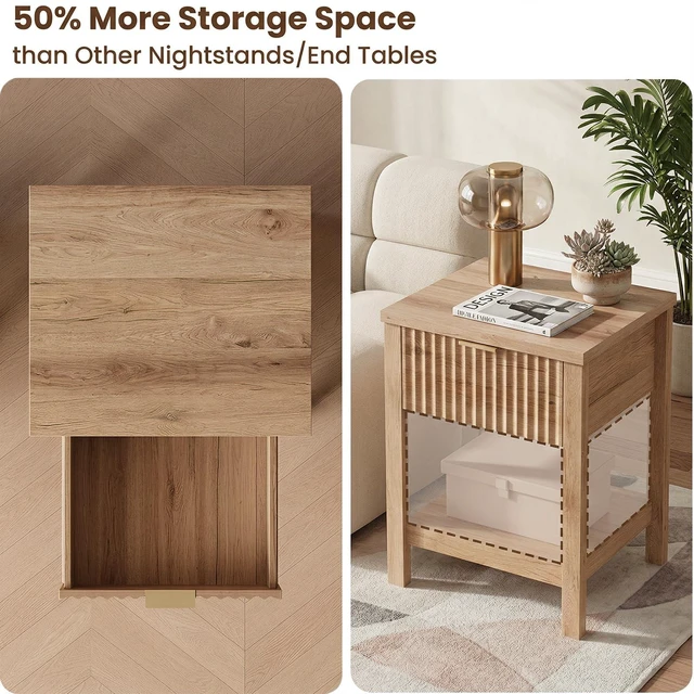 Alt view image 4 of 7 - Fluted Nightstand Set of 2 with Drawer and Open Shelf,Oak | Modern Wood Side End Table with Golden Handle Bedside Table Set of 2 with Storage Large End Tables for Living Room Bedroom