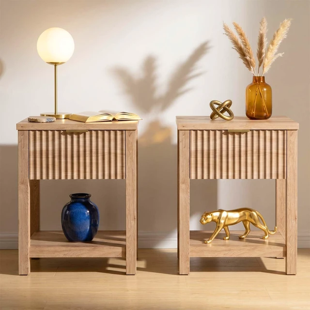 Alt view image 7 of 7 - Fluted Nightstand Set of 2 with Drawer and Open Shelf,Oak | Modern Wood Side End Table with Golden Handle Bedside Table Set of 2 with Storage Large End Tables for Living Room Bedroom