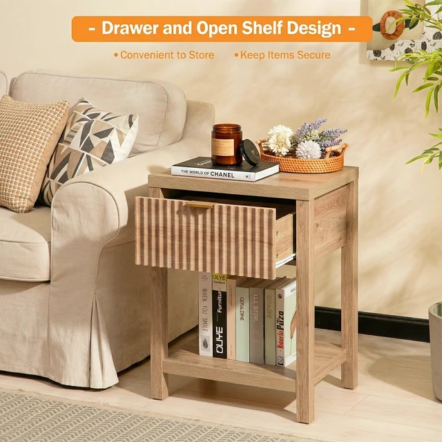 Alt view image 6 of 7 - Fluted Nightstand Set of 2 with Drawer and Open Shelf,Oak | Modern Wood Side End Table with Golden Handle Bedside Table Set of 2 with Storage Large End Tables for Living Room Bedroom