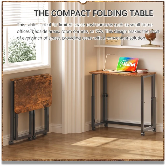 Alt view image 2 of 7 - No Tool Assembly 27.5" Small Desk, Folding Portable Desk with Wheels, Foldable Computer Home Office Desks, Collapsible Study Writing Table for Space Saving Bedroom - Rustic Brown
