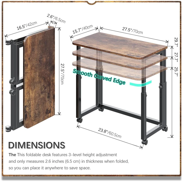 Alt view image 4 of 7 - No Tool Assembly 27.5" Small Desk, Folding Portable Desk with Wheels, Foldable Computer Home Office Desks, Collapsible Study Writing Table for Space Saving Bedroom - Rustic Brown