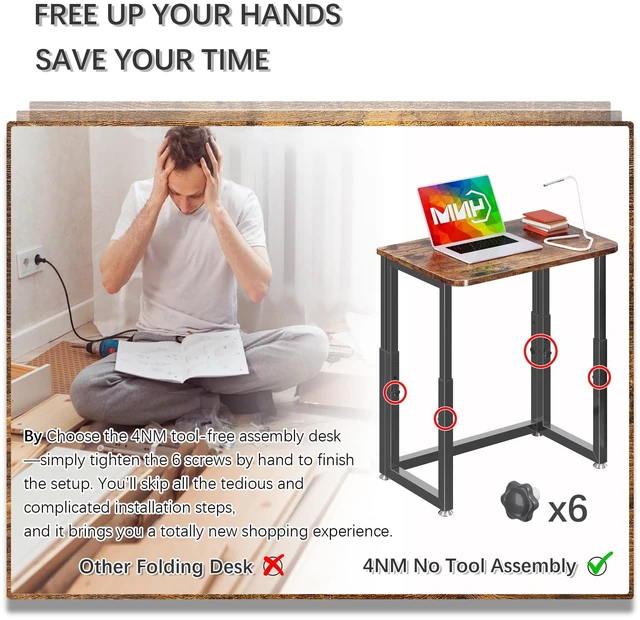 Alt view image 5 of 7 - No Tool Assembly 27.5" Small Desk, Folding Portable Desk with Wheels, Foldable Computer Home Office Desks, Collapsible Study Writing Table for Space Saving Bedroom - Rustic Brown
