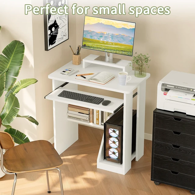 Alt view image 3 of 7 - 30 Inch Computer Desk, with Keyboard Tray & Monitor Stand | Compact Desk for Space-Saving, Ergonomic Study Desk with Storage Shelves for Writing, Gaming, Working