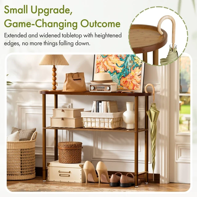 Alt view image 2 of 7 - Farmhouse Entryway Table Bamboo 39.4", Narrow Console Table Oval Top, Behind Sofa Table with Anti-fall Edge, TV Stand for Living Room, Indoor Outdoor Plant Stand, 5min Easy Assembly, Dark Walnut