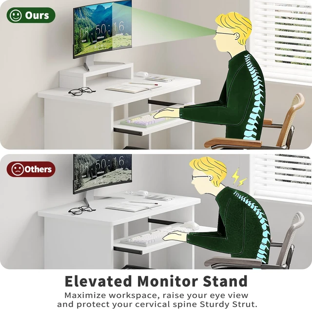 Alt view image 6 of 7 - 30 Inch Computer Desk, with Keyboard Tray & Monitor Stand | Compact Desk for Space-Saving, Ergonomic Study Desk with Storage Shelves for Writing, Gaming, Working