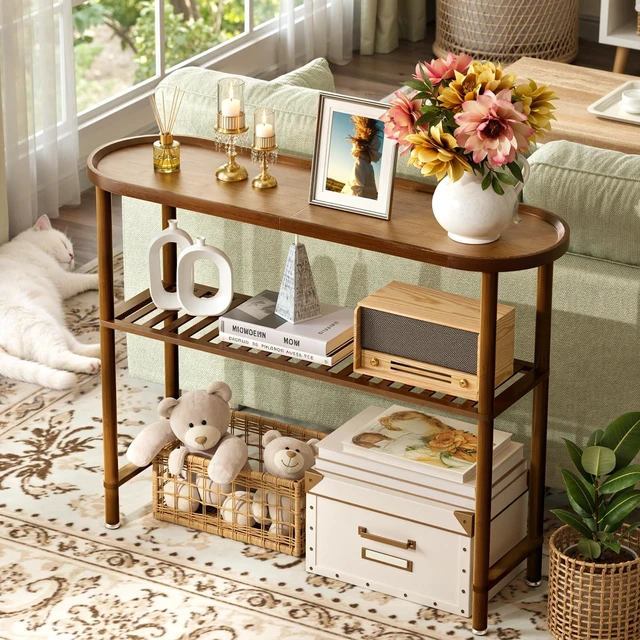 Alt view image 4 of 7 - Farmhouse Entryway Table Bamboo 39.4", Narrow Console Table Oval Top, Behind Sofa Table with Anti-fall Edge, TV Stand for Living Room, Indoor Outdoor Plant Stand, 5min Easy Assembly, Dark Walnut