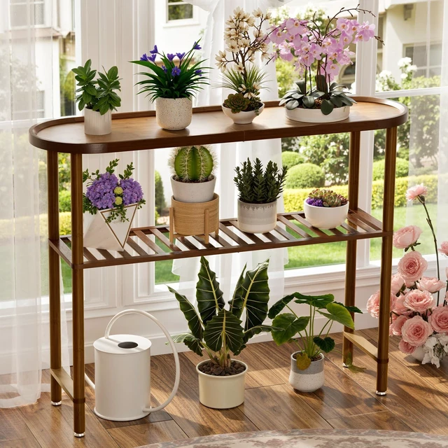 Alt view image 7 of 7 - Farmhouse Entryway Table Bamboo 39.4", Narrow Console Table Oval Top, Behind Sofa Table with Anti-fall Edge, TV Stand for Living Room, Indoor Outdoor Plant Stand, 5min Easy Assembly, Dark Walnut