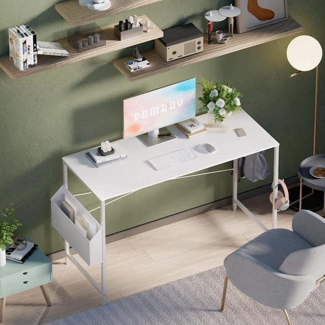 Alt view image 2 of 6 - 47 Inch Computer Desk for Small Spaces with Storage Bag, Home Office Work Desk with Headphone Hook, Small Office Desk Study Writing Table
