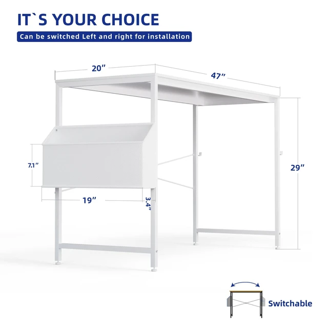 Alt view image 4 of 6 - 47 Inch Computer Desk for Small Spaces with Storage Bag, Home Office Work Desk with Headphone Hook, Small Office Desk Study Writing Table