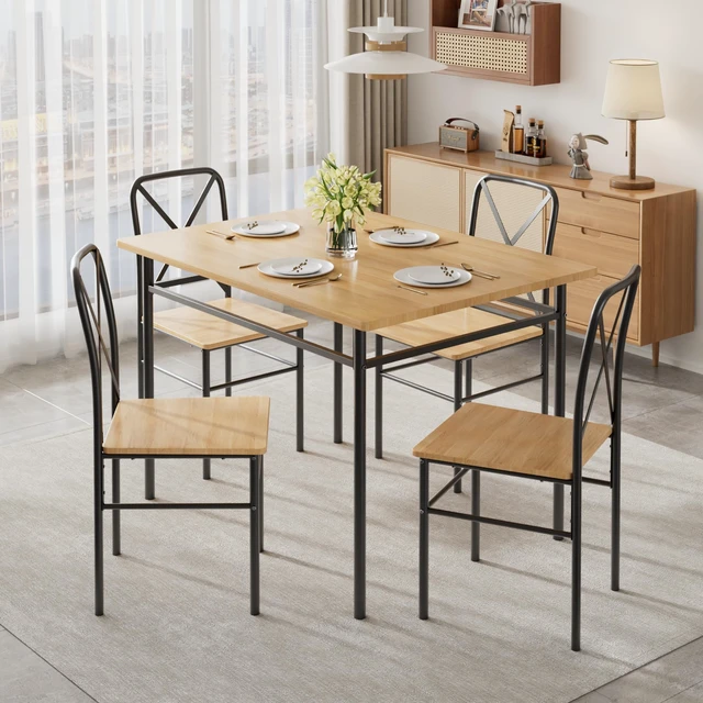 Alt view image 3 of 7 - 5-Piece Kitchen Dining Table Set for 4 | Minimalist Style, Wood-grain Tabletop, for Small Space, Apartment
