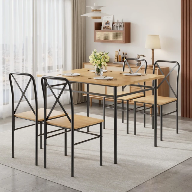 Alt view image 2 of 7 - 5-Piece Kitchen Dining Table Set for 4 | Minimalist Style, Wood-grain Tabletop, for Small Space, Apartment