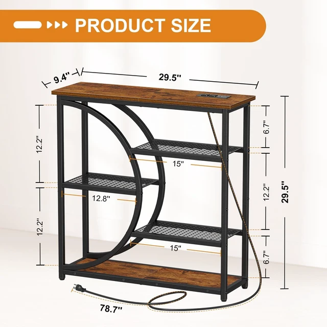 Alt view image 3 of 7 - Entryway Table, Console Table with Charging Station, Industrial Narrow Sofa Table with 5 Tier Storage Shelves, Entrance Table for Hallway, Behind The Couch, Living Room, Foyer