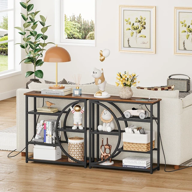 Alt view image 2 of 7 - Entryway Table, Console Table with Charging Station, Industrial Narrow Sofa Table with 5 Tier Storage Shelves, Entrance Table for Hallway, Behind The Couch, Living Room, Foyer