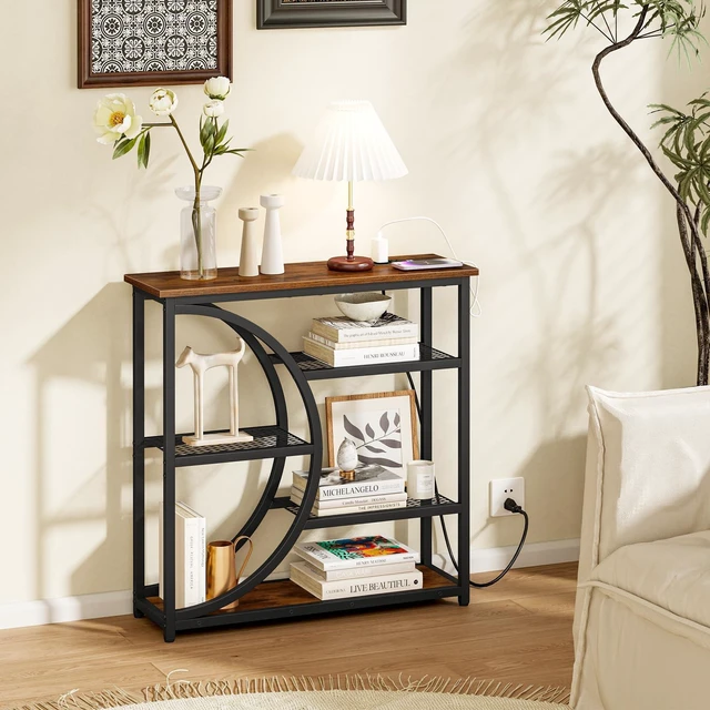 Alt view image 5 of 7 - Entryway Table, Console Table with Charging Station, Industrial Narrow Sofa Table with 5 Tier Storage Shelves, Entrance Table for Hallway, Behind The Couch, Living Room, Foyer