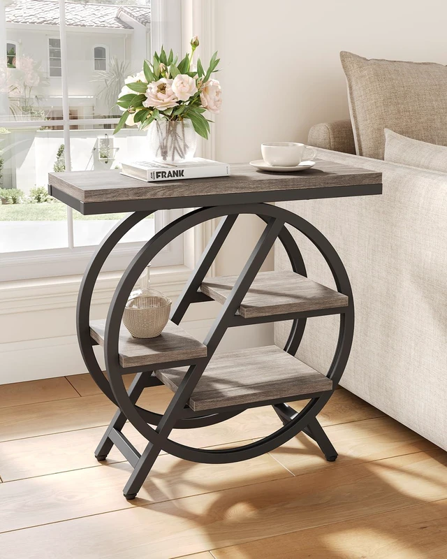 Alt view image 3 of 7 - End Table, Narrow Side Table with 4-Tier Large Storage Space | Modern Bedside Table for Living Room, Home Office, Bedroom, Grey