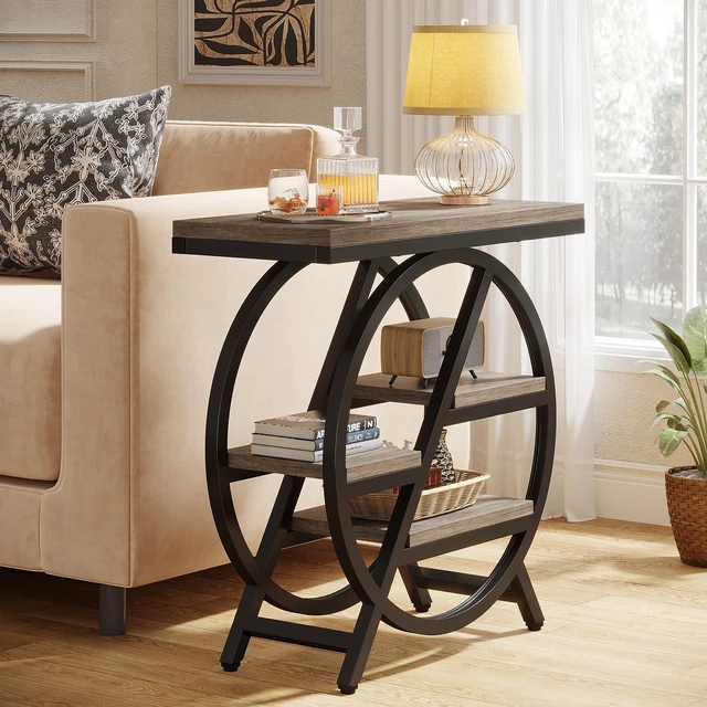 Alt view image 2 of 7 - End Table, Narrow Side Table with 4-Tier Large Storage Space | Modern Bedside Table for Living Room, Home Office, Bedroom, Grey