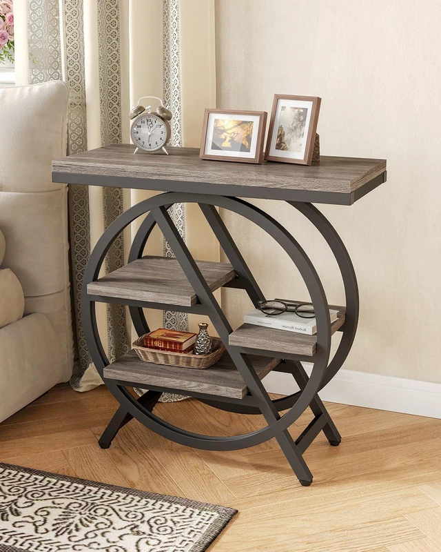 Alt view image 5 of 7 - End Table, Narrow Side Table with 4-Tier Large Storage Space | Modern Bedside Table for Living Room, Home Office, Bedroom, Grey