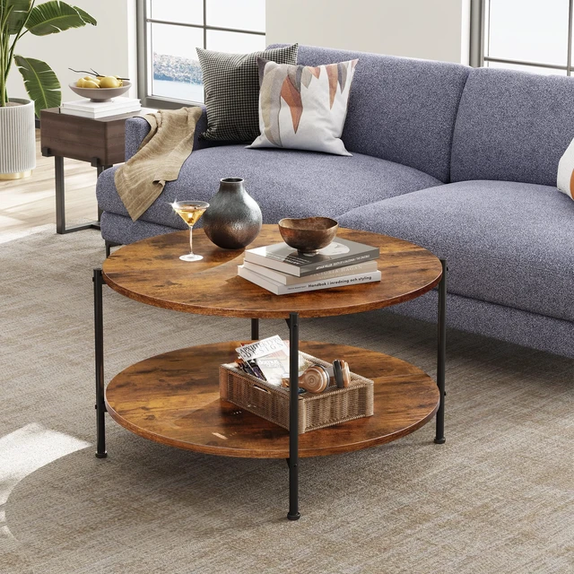 Alt view image 3 of 5 - Round Coffee Table, 32.6" Small Coffee Table with Storage Shelf, 2-Tier Circle Wood Center Table for Living Room, Apartment, Rustic Brown (Rustic Brown, 32.6" D x 32.6" W x 17.5" H)