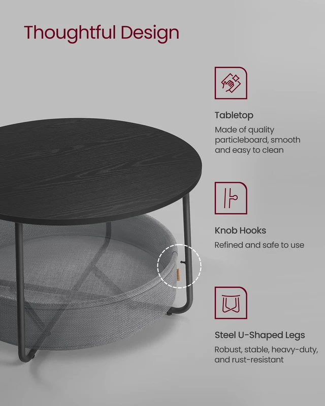 Alt view image 2 of 5 - Round Coffee Table with Storage, Fabric Basket, Metal Frame | Center Table for Living Room, Modern Style, Ebony Black and Slate Gray, LILEA Collection ULCT244B56