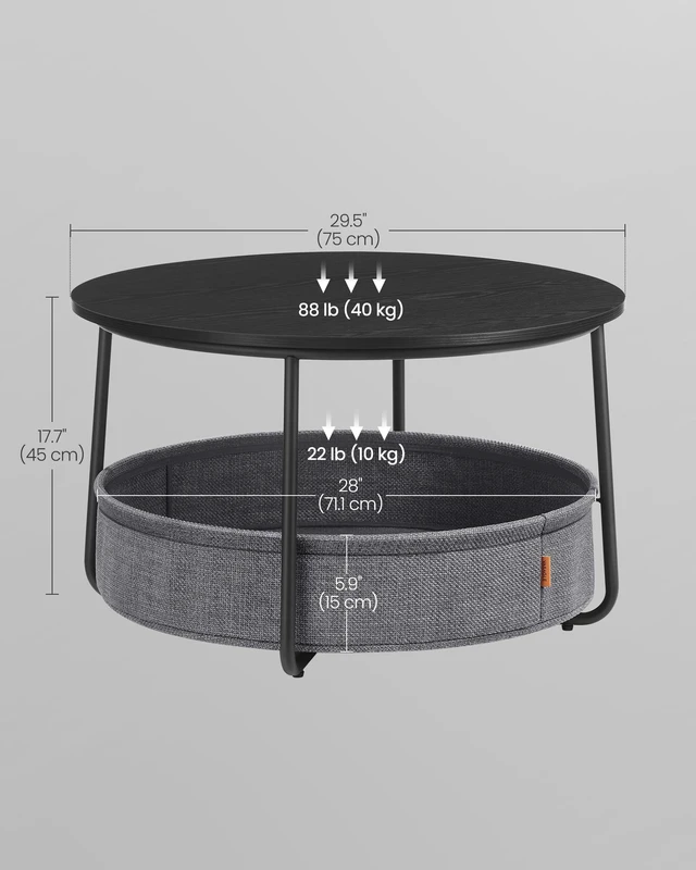 Alt view image 4 of 5 - Round Coffee Table with Storage, Fabric Basket, Metal Frame | Center Table for Living Room, Modern Style, Ebony Black and Slate Gray, LILEA Collection ULCT244B56