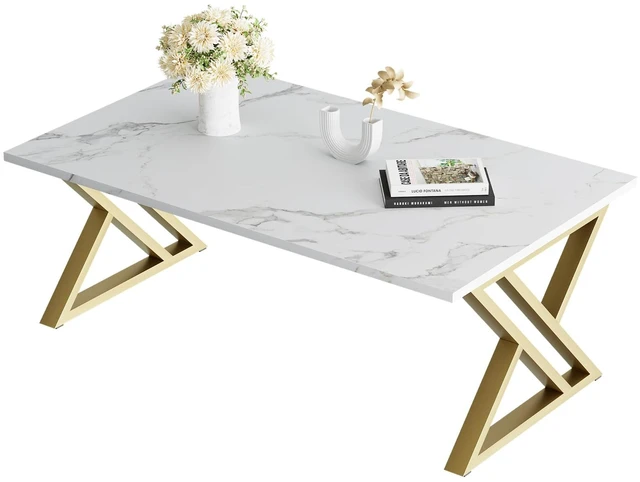 Main image of Coffee Table Living Room Table White and Gold Table for Living Room | Modern Faux Marble Rectangular Tea Tables with Sturdy Gold Metal Frame,Industrial Wooden Coffee Table for Bedroom Home