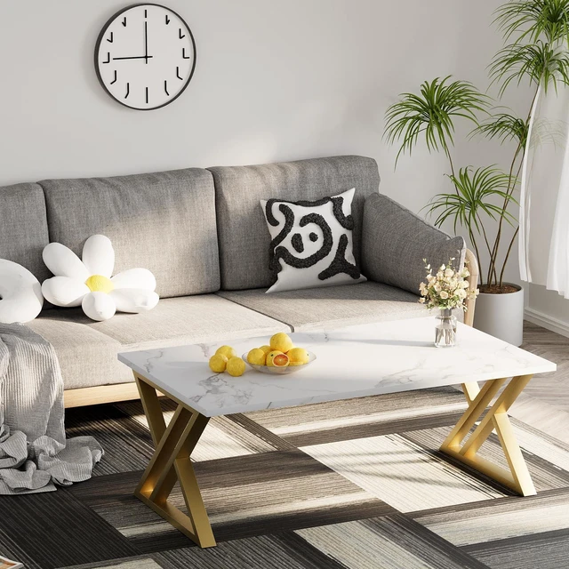 Alt view image 4 of 7 - Coffee Table Living Room Table White and Gold Table for Living Room | Modern Faux Marble Rectangular Tea Tables with Sturdy Gold Metal Frame,Industrial Wooden Coffee Table for Bedroom Home