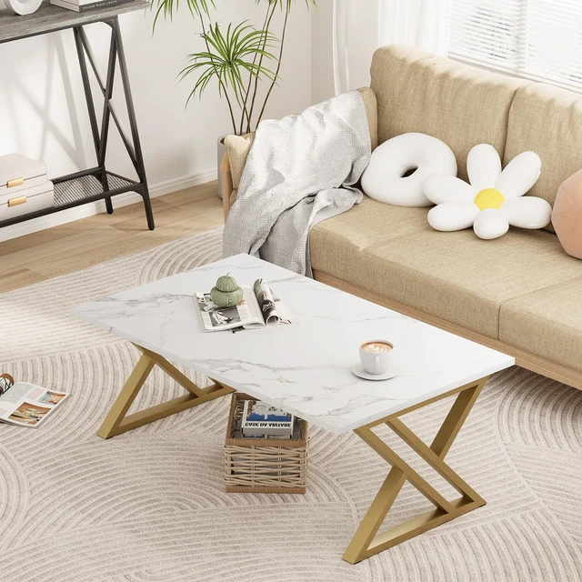 Alt view image 2 of 7 - Coffee Table Living Room Table White and Gold Table for Living Room | Modern Faux Marble Rectangular Tea Tables with Sturdy Gold Metal Frame,Industrial Wooden Coffee Table for Bedroom Home