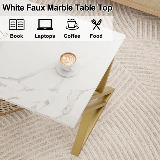 Alt view image 5 of 7 - Coffee Table Living Room Table White and Gold Table for Living Room | Modern Faux Marble Rectangular Tea Tables with Sturdy Gold Metal Frame,Industrial Wooden Coffee Table for Bedroom Home