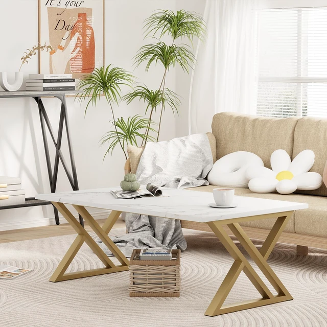 Alt view image 6 of 7 - Coffee Table Living Room Table White and Gold Table for Living Room | Modern Faux Marble Rectangular Tea Tables with Sturdy Gold Metal Frame,Industrial Wooden Coffee Table for Bedroom Home
