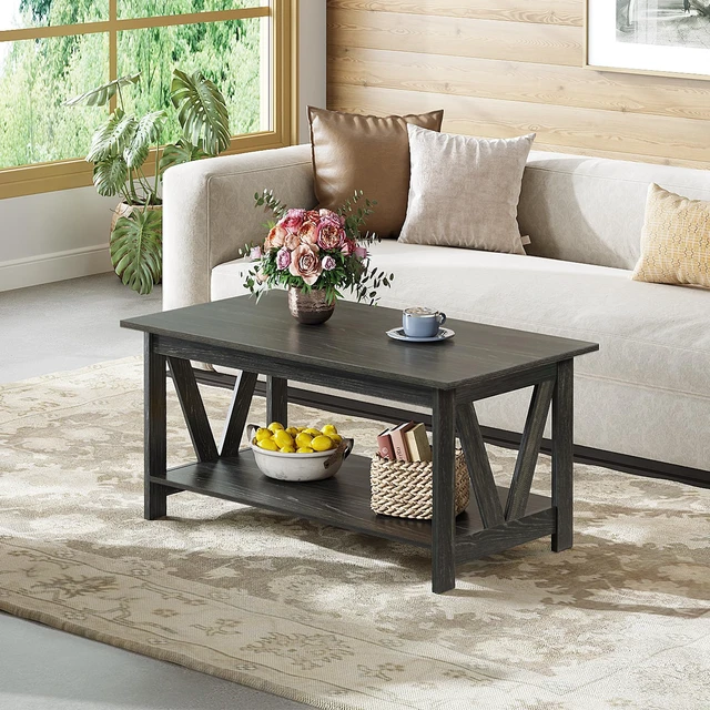 Alt view image 2 of 7 - 39.4" Farmhouse Coffee Table,Wood Center Table Storage Charcoal Black | Sturdy V-Frame Design Supports 130 Lbs, 2-Tier Open Storage Shelf For Decor, Books, Small Center Table Living Room, Office