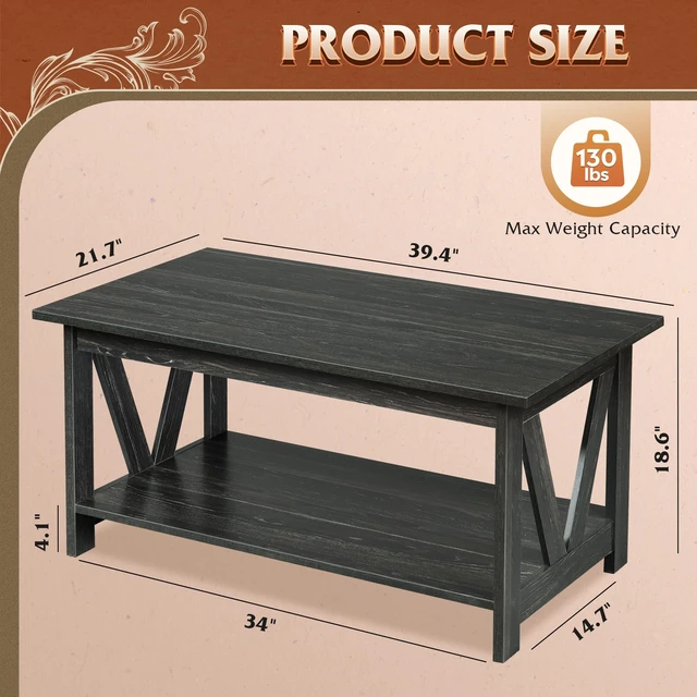Alt view image 3 of 7 - 39.4" Farmhouse Coffee Table,Wood Center Table Storage Charcoal Black | Sturdy V-Frame Design Supports 130 Lbs, 2-Tier Open Storage Shelf For Decor, Books, Small Center Table Living Room, Office